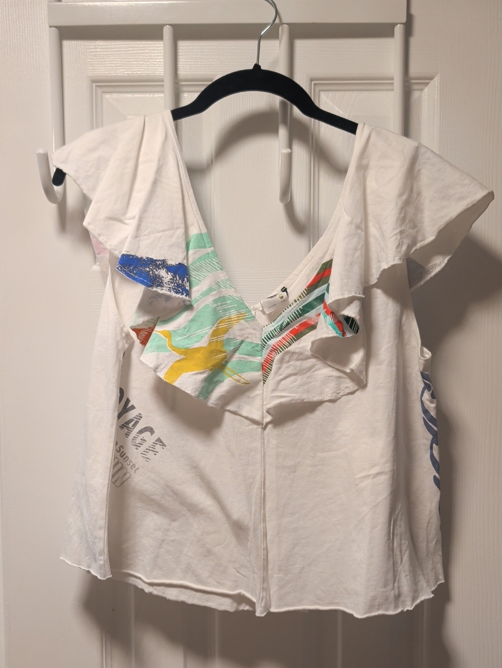 White Flutter Sleeve V-Neck Top with Multicolor Print